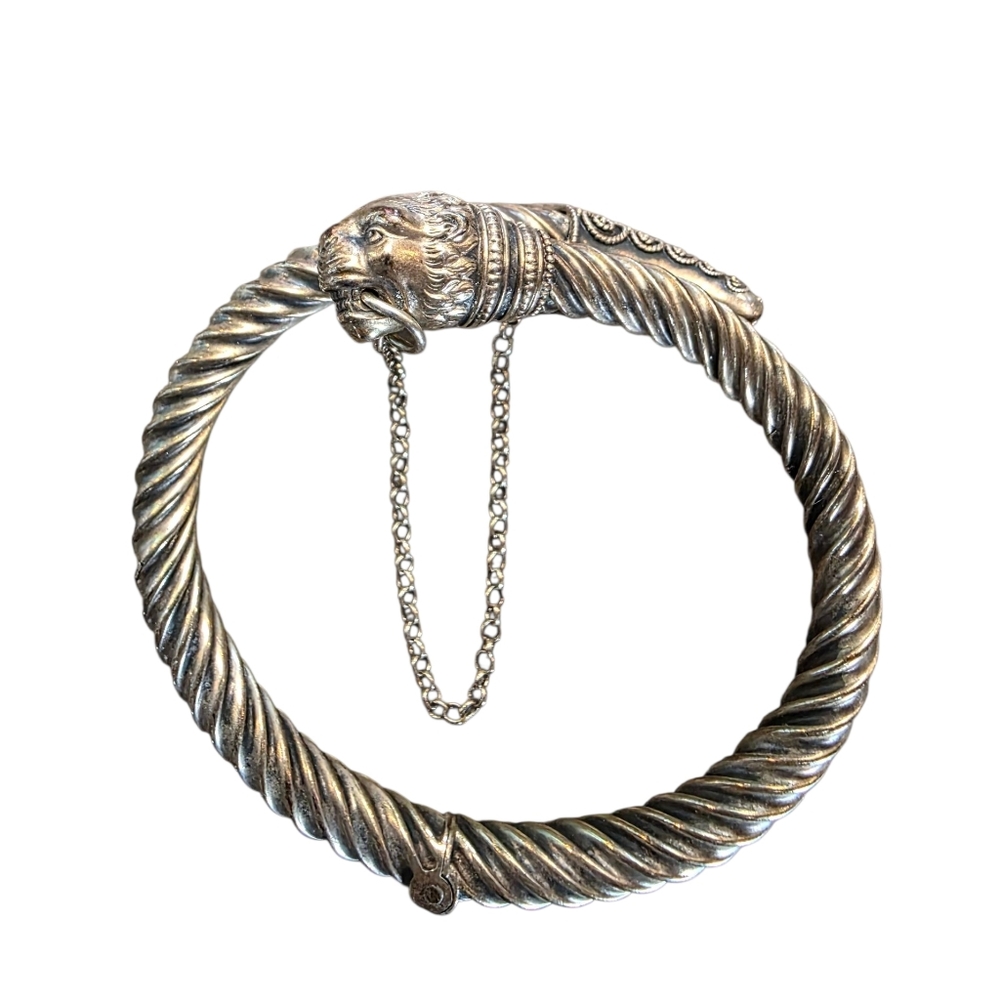 Antique 800 Silver French By Pass Bangle With Lion Head Etruscan